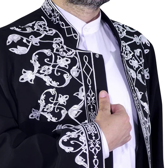 Celebi S, M, L, XL Jubbah Hitam Bordir Islami Mens Wear, Bordured Thobe, Galabiyya, Kurta Panjang, Cubbe