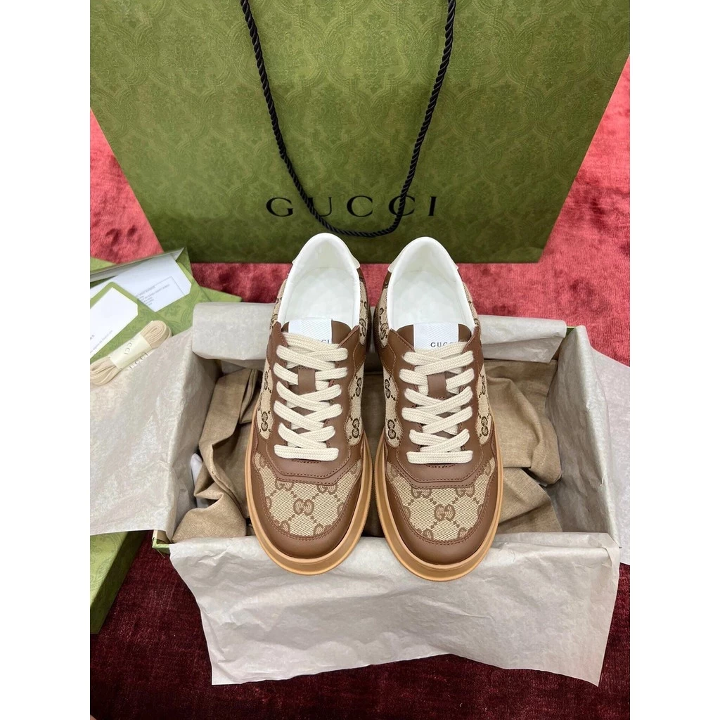 Sepatu Gucci Chunky B Double G Biscuit Coklat Bunga Tua Retro Low Top Fashion Bertali Sepatu Kasual Sneakers