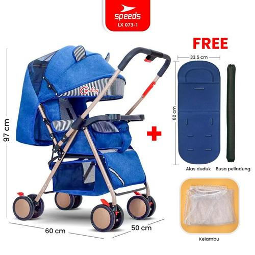 SPEEDS Stroller Kereta Dorong Lengkap Premium Bayi Anak Kursi Perlengkapan Fitur Cover Kelambu Portabel LX 073-9 - 1 BIRU