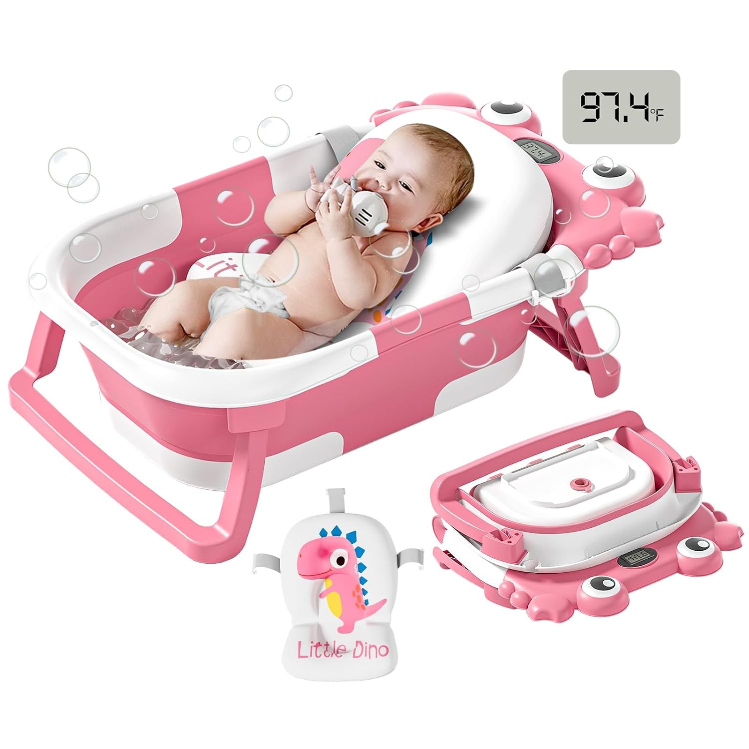 Bathtub Bayi Dilipat untuk Bayi Baru Lahir hingga Balita dengan Monitor Temp Real-time & Bantal Mengambang,Tub Perjalanan Portabel untuk 0-36 Bulan,