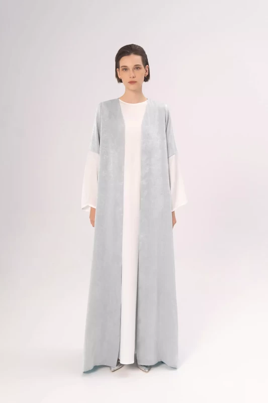 DEMURE&CO - DESSENTIALS JANA OPEN ABAYA IN SILVER BLUE - DAILY WEAR ABAYA