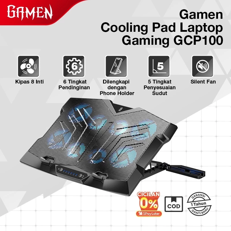 GAMEN Laptop Gaming Cooling Stand Kipas 8 Inti/Core Silent Mode GCP100 Original