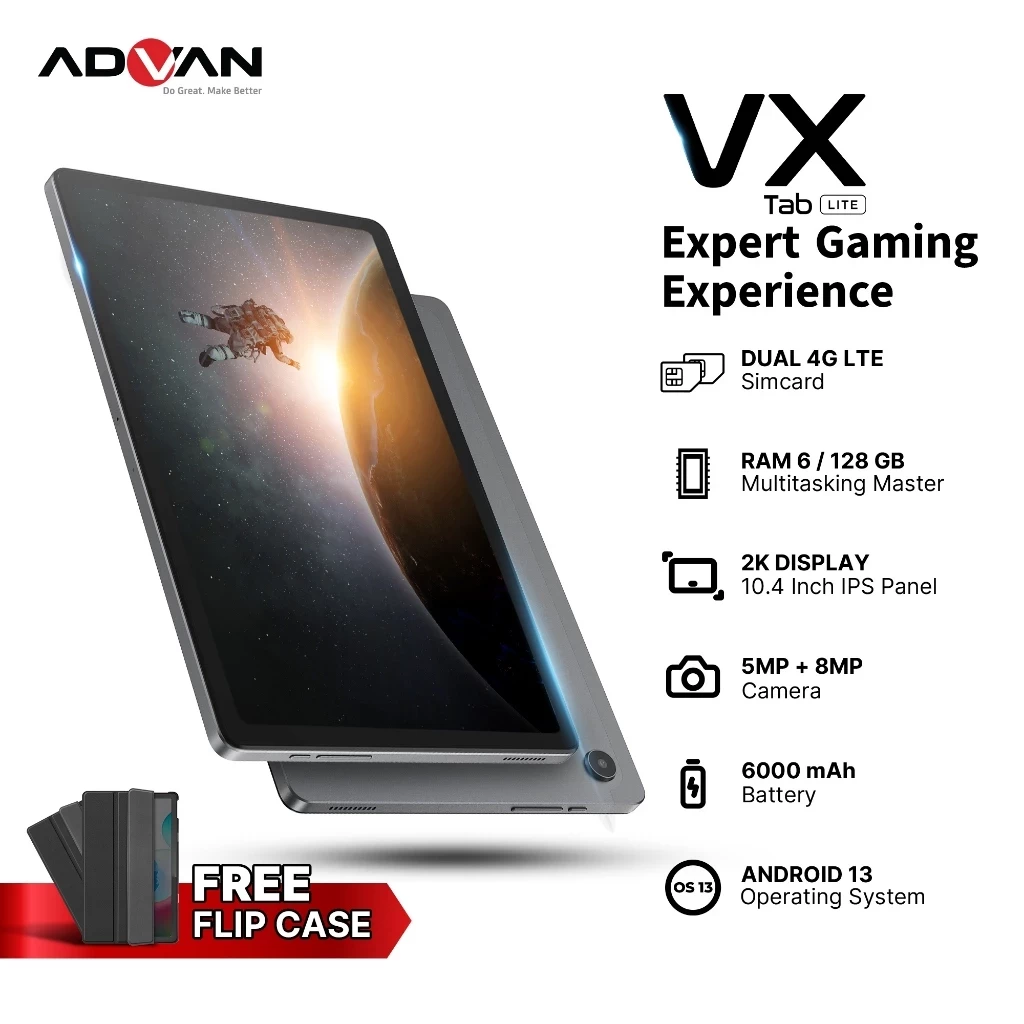ADVAN Tab Vx Lite | Octa Core 2.0Ghz | 6GB/128 GB | 10.4 Inch WUXGA+ (2K) | Tablet Dual Sim Card 4G LTE