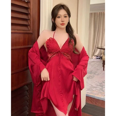 Felly - One Set Kimono Lingerie 2 In 1 - Gaun Tidur Wanita - Baju Dinas Istri Satu Set - Dress Tidur Adem Lembut Dingin Kekinian Baju