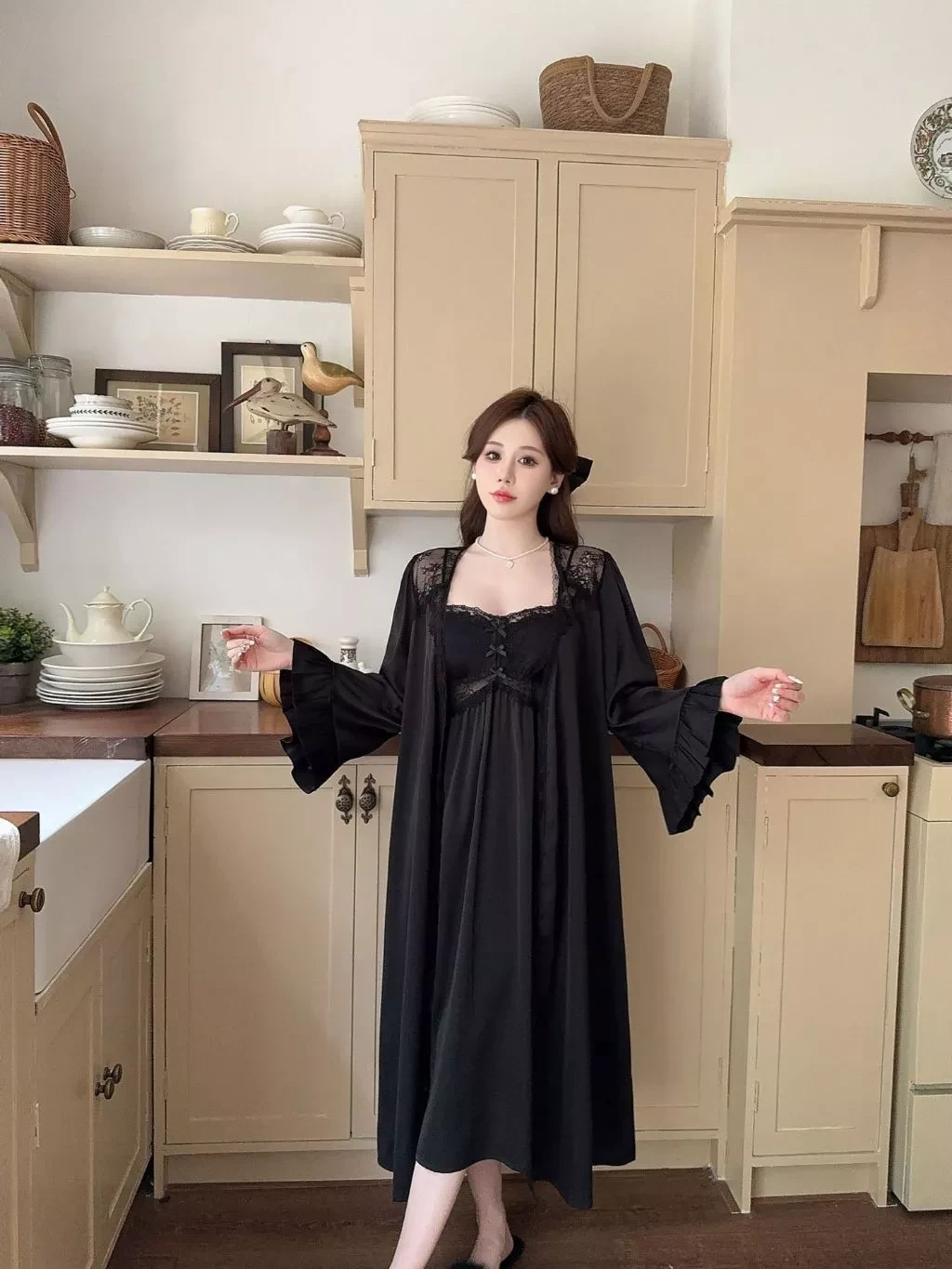 Vee-kimono lingerie sutera 9019K premium set/kimono set/baju tidur set/lingerie set