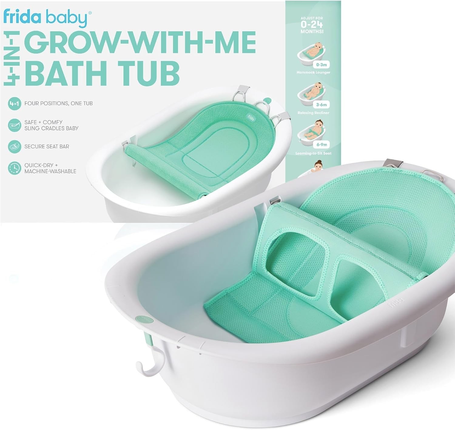 Frida Baby 4-in-1 Grow-with-Me Baby Bathtub, Baby Tub untuk Bayi Baru Lahir ke Balita dengan Kursi Mandi yang Dapat Dilepas & Sandaran untuk Dukungan Mandi di Tub