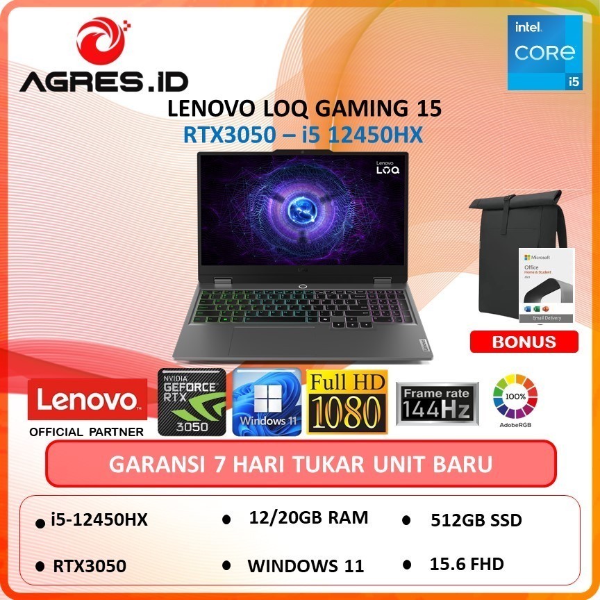 LENOVO LOQ 15 I5 12450HX RTX3050 12GB 512GB W11+OHS 15.6FHD 100SRGB - Non Bundle, Windows 11