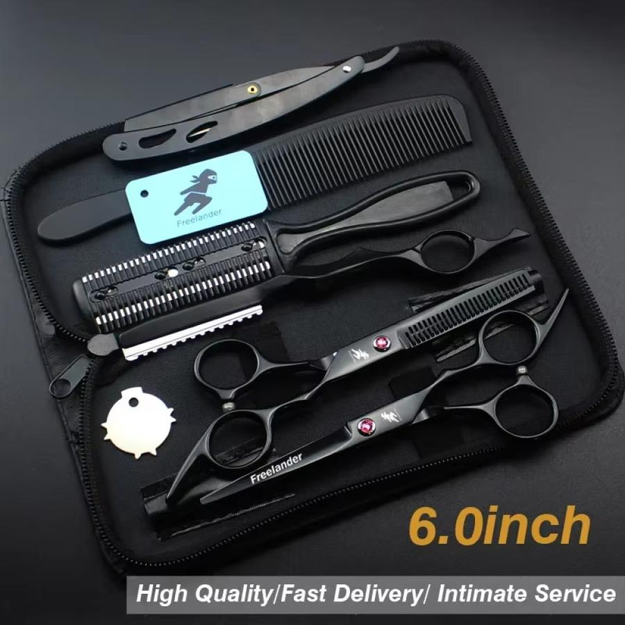 Set Gunting Rambut Alat Cukur Rambut Salon Professional Barber 6 Inch 2 PCS with Razor Comb Hair Knife Kirei Beauty Pria Kumis Jenggot Sisir Steel Aksesoris - Set Hitam 6 Inchi